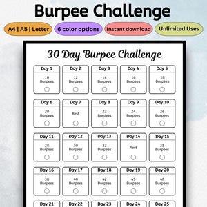 May include: A black and white 30-day burpee challenge chart. The chart includes daily burpee counts, starting at 10 and increasing over the month. The chart also includes rest days. The top of the chart reads "Burpee Challenge".