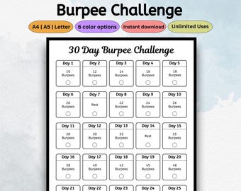 30 Day Burpee Challenge Printable | Fitness Tracker | Workout Planner | Exercise Log | Weight Loss Journal | PDF Letter A4 A5