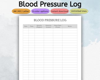 Blood Pressure Log Template | Printable BP Tracker & Planner, Heart Rate Journal Systolic and Diastolic Health Record Sheet PDF Letter A4 A5