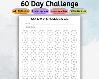 60 Day Challenge Planner Template | Printable Habit Tracker Log | Goal Setting Journal | Self Improvement Fitness Planner | PDF Letter A4 A5