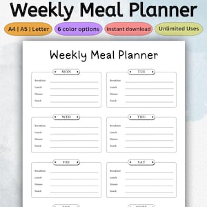 Planificador de comidas semanal imprimible / Registro diario de alimentos / Registro de preparación de comidas y nutrición / Diario de comidas / Descarga instantánea / PDF Carta A4 A5