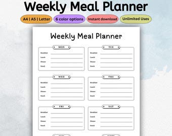 Weekly Meal Planner Printable Template | Daily Food Log | Meal Prep & Nutrition Tracker | Food Journal | Instant Download | PDF Letter A4 A5