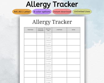 Allergy Tracker Planner Template | Printable Food Allergy List | Allergy Information Log | Allergy Journal | Allergy Form | PDF Letter A4 A5