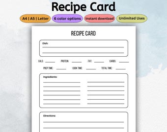 Printable Recipe Card Template | Kitchen Planner, Cooking Tracker, Meal Log & Journal | Recipe binder | Recipe Organizer | PDF Letter A4 A5