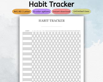 Plantilla imprimible de seguimiento de hábitos / Planificador mensual / Seguimiento de objetivos y rutinas de 31 días / Diario de productividad / PDF Carta A4 A5
