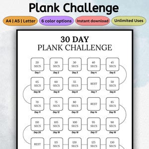 May include: A black and white 30-day plank challenge chart. The chart includes a series of boxes with time increments in seconds, ranging from 20 to 130 seconds. The chart also includes the text "Plank Challenge".