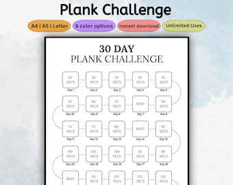 30 Day Plank Challenge Printable | Core Workout Tracker | Fitness Journal Template | Digital Fitness Planner | Home Workout Plan Log | PDF
