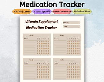 Printable Medication Tracker | Weekly Supplement Log | Monthly Vitamin Template | Health Planner | Medication Planner | PDF Letter A4 A5