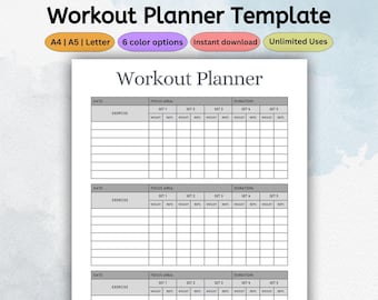 Printable Workout Planner Template | Exercise Log | Fitness Tracker | Health and Wellness Journal | Instant Download | PDF Letter A4 A5