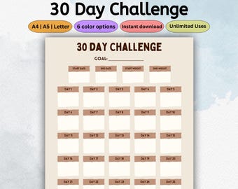 30 Day Challenge Planner Template | Printable Goal Tracker & Log | Daily Progress Journal for Fitness, Habits, Weight Loss PDF Letter A4 A5