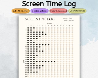 Screen Time Log Template Printable | Screen Time Planner | Screen Habit Tracker | Screen Time Journal | Instant Download | PDF A4 A5 Letter
