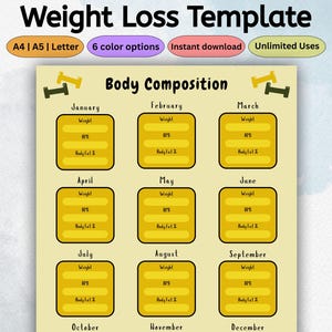 Può includere: Un modello per la perdita di peso intitolato "Weight Loss Template". Include un tracker della composizione corporea per 12 mesi. Il design utilizza uno sfondo giallo chiaro con testo e riquadri gialli e marroni.
