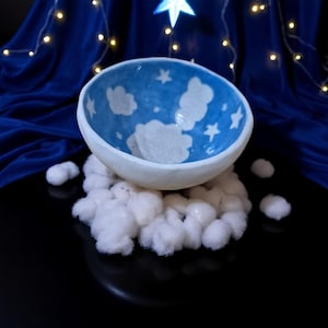 Handmade Sgraffito Ceramic Bowl with Cloud & Star Design – Blue Sky Glazed Dish – Small Pottery Bowl