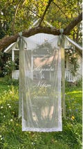 Sheer Fabric Welcome Sign with Lace Edge, Custom Personalized Wedding Decor product logo