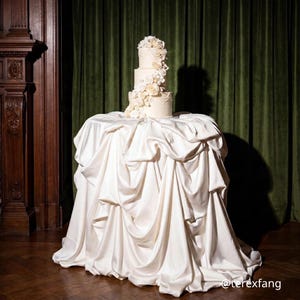 May include: A three-tiered white cake decorated with cascading cream-colored sugar flowers and delicate pearl-like beading, resting on a table draped in a voluminous, floor-length white satin tablecloth with deep, flowing fabric folds.