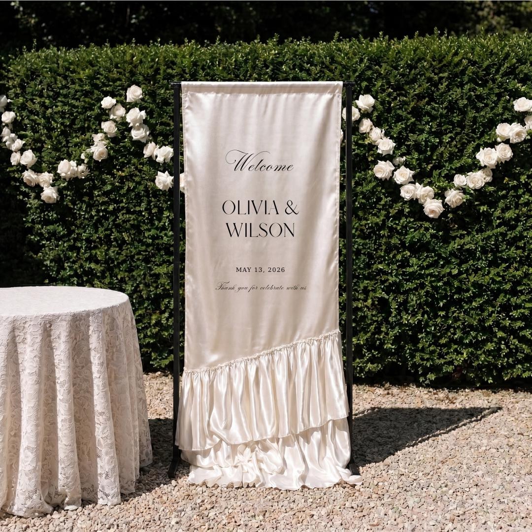 Ruffled Fabric Welcome Sign, Custom Queen Silk Wedding Banner, Elegant ...