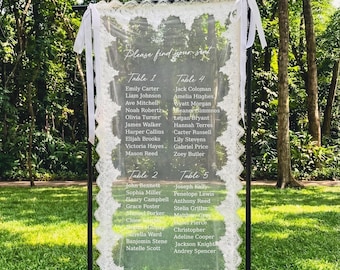 Wedding Seating Chart with Lace on Sheer Fabric – Personalized Elegant Table Plan Banner