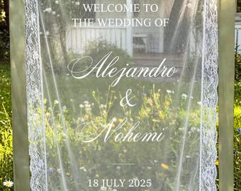 Sheer Fabric Welcome Sign, Custom Lace Edge, Personalized Wedding Decor