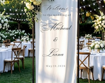 Wedding Welcome Sign Fabric Banner, Custom Names and Date, Elegant Ceremony Decor