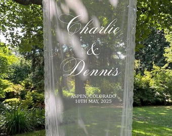 Letrero de bienvenida personalizado de tela transparente con borde de encaje, decoración de boda personalizada