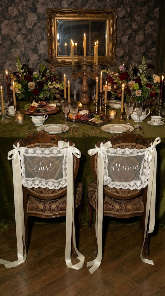 Romantic Lace Chair Decor, Just Married Wedding Signs