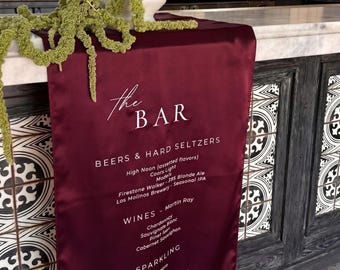 Burgundy Satin Bar Menu, Custom Wedding Drink Sign, Elegant Cocktail Menu, Minimalist Reception Decor