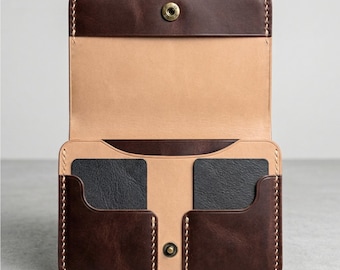 May include: Open leather wallet in shades of brown and tan, with a snap closure. The interior features card slots with dark gray inserts. The edges are stitched with white thread, and the wallet is set against a neutral background.