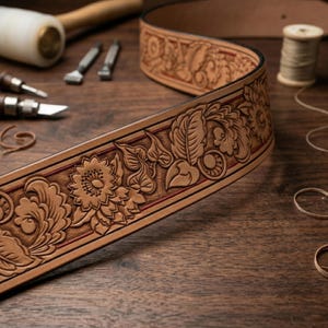 Puede incluir: Primer plano de un cinturón de cuero marrón con intrincados diseños florales en relieve. El cinturón presenta flores, hojas y otros elementos decorativos en relieve. Herramientas de marroquinería, como un mazo y sellos, son visibles.