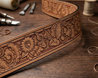 Leather Belt Tooling Pattern PDF | Sunflower and Scroll Carving Design | Western Floral Repeats Template | Digital Download