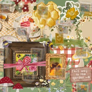 May include: A charming collage with sunflowers, honey, and framed art. A jar of honey with a pink lid is near a framed floral painting. A sign reads "This way to the garden".