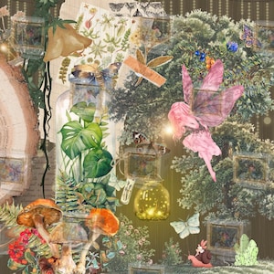 Sfondo desktop Fairycore / Sfondo foresta stravagante / Funghi e fate in stile cottagecore bohémien / Arte magica dello schermo / Monitor mistico