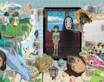 Spirited Away Desktop Wallpaper | Studio Ghibli Aesthetic Collage | Soft Fantasy Anime Digital Download | Chihiro & No-Face Decor