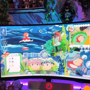May include: A computer setup featuring a curved monitor displaying a vibrant anime-style wallpaper with characters and aquatic themes. A keyboard, wrist rest, and speakers are visible, along with decorative figurines and a small lamp, creating a colorful and themed workspace.