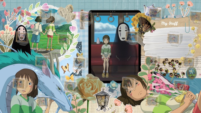 May include: A collage featuring characters from the animated film Spirited Away. The artwork includes images of Chihiro, No-Face, and Haku, along with floral and butterfly accents. The words "My Stuff" are visible.