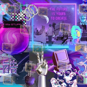 Puede incluir: Un collage digital vibrante con un tema futurista, que presenta un astronauta, una computadora retro y el texto "THE FUTURE IS YOURS TO CREATE". La obra de arte incorpora colores neón, formas geométricas y elementos surrealistas.