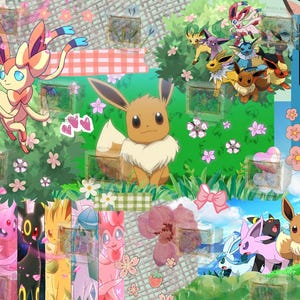 May include: A colorful collage featuring various Pokémon characters, including Eevee and its evolutions, set against a backdrop of flowers, hearts, and a blue game console. The words "My Stuff" are visible.