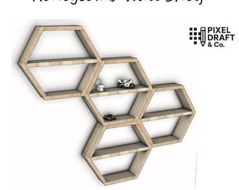 Honingraat wandplank SVG | Zeshoekig zwevend plankplan | CNC lasergesneden bestand | Houten geometrische plank | DIY-huisdecoratie