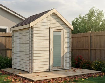 7 x 7 schuurplattegronden buitensauna met bank en veranda: blauwdruk houten hut zelf (pdf-bestanden)