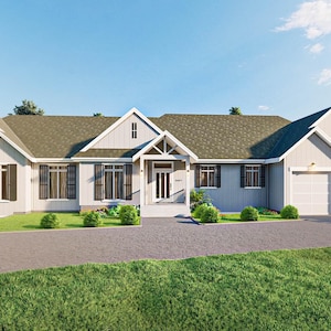 003 Modern Farmhouse House Plan with 3D Exterior Rendering | 3-Bedroom Ranch Style Home with Double Garage | Instant Download