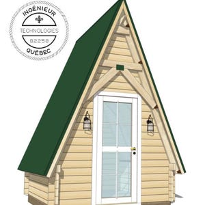 May include: An A-frame cabin design with a green roof and light-colored wooden siding. The cabin features a white door with glass panels, two wall-mounted lanterns, and the text "A-Frame Cabin". The design includes the Pixel Draft & Co. logo and a seal with text.