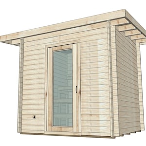 004 8x8 Outdoor Sauna Shed Plans with Bench & Porch | DIY Digital Wood Cabin Blueprint | Sauna Vie Design CAD, Sketchup and PDF Files