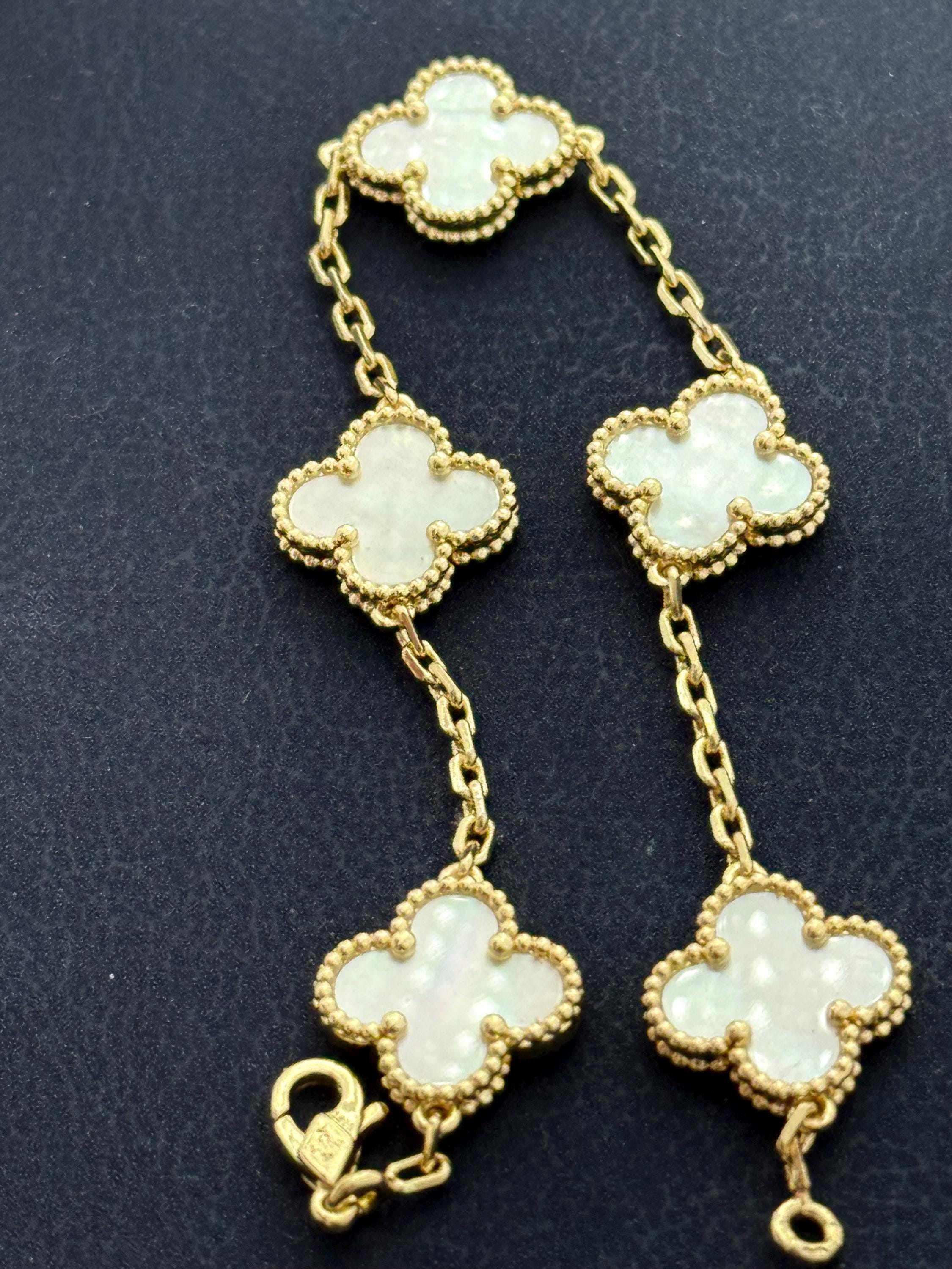 Vintage Mother-of-Pearl bracelet, 15mm Clover 5 Motif Bracelet, 18k Gold Plated Bracelet w8 (seriels)