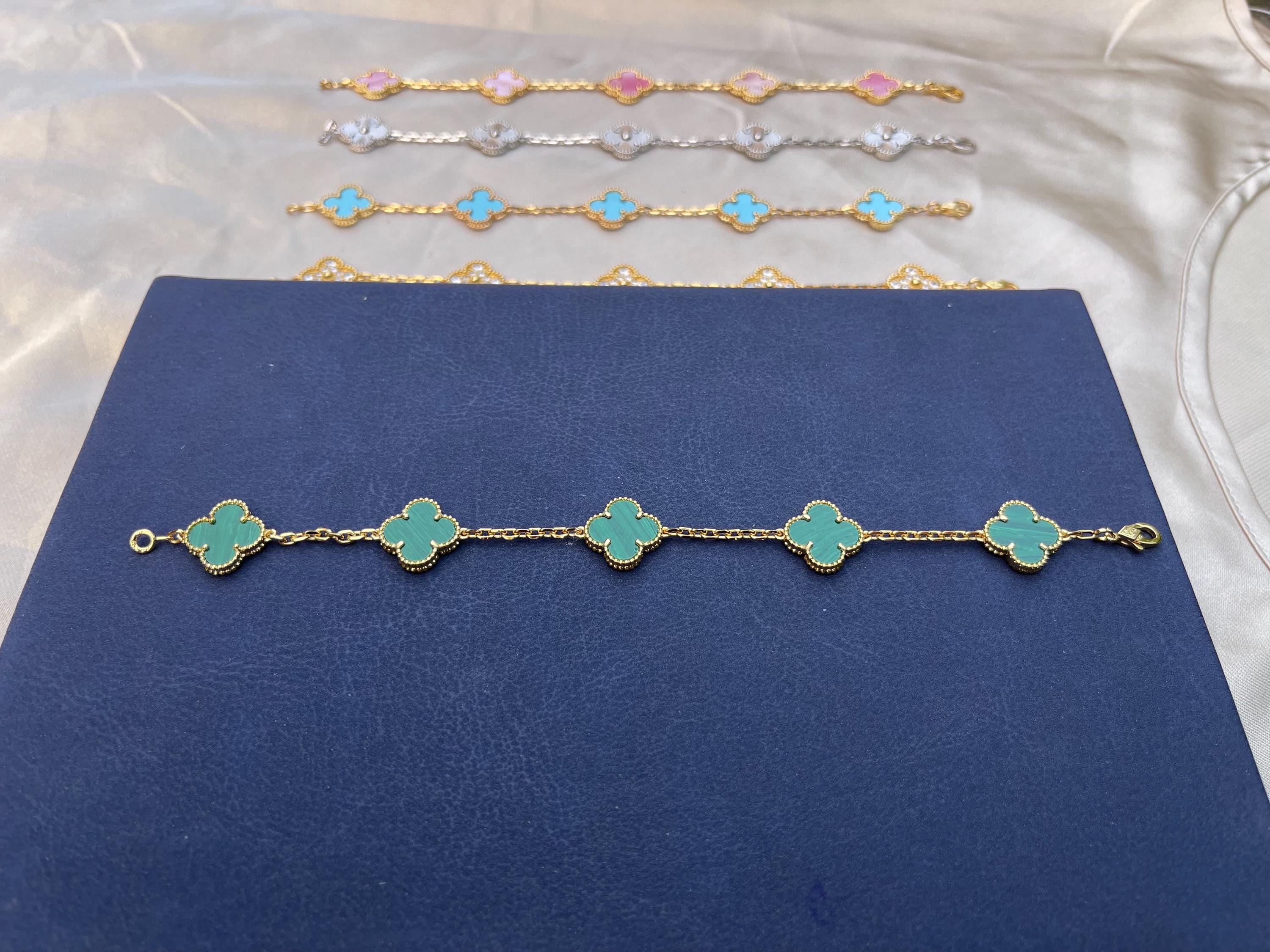 Malachite Green 18K gold plated vintage beautiful clover bracelet (with seriels)