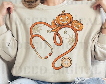 Halloween sjuksköterska stetoskop PNG | Sjukskötersketröja gåva | Vintage läskig pumpaskjorta