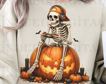 Gamerskelett Halloween PNG | Spöklik Jack O'Lantern Clipart (digital nedladdning)