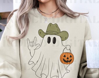 Cowboy Spöke Halloween PNG | Boho Western Pumpa Clipart (digital nedladdning)