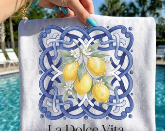 La Dolce Vita citronkakel PNG | Medelhavsblå keramisk clipart för sublimering och sommardekor