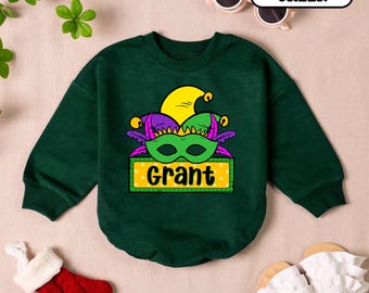 Personalized Name Mardi Gras Baby Romper, Boy Girl Mardi Gras Infant Clothes