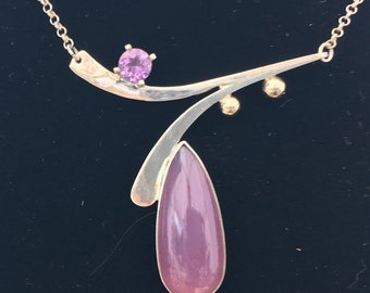 Lavender Chalcedony, Amethyst, Sterling silver and 14K Gold necklace.