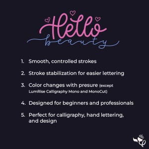 May include: A dark background graphic featuring the text Hello beauty in pink and blue script with small hearts. Below, a numbered list details features: smooth controlled strokes, stroke stabilisation, pressure-sensitive colour, and design utility.